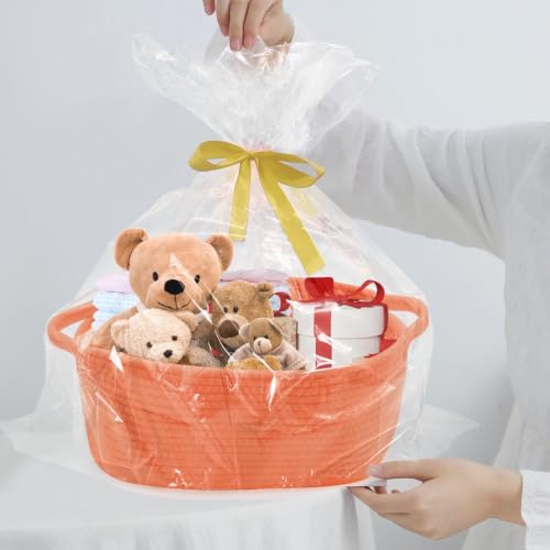 Woven Basket with Gift Bags and Ribbons, 14"X10"X6" Storage Basket Orange | Gift Storage Organizer Basket Bin Shelf Shelves Cotton Rope Basket for Nursery, Pet Toys