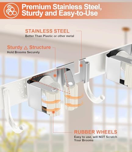 Broom Holder Over The Door with 4 Over Door Hook, Drilling Free Mop - White | Save Space, Metal Mop and Broom Storage Wall Mount Broom Storage Tool Organizer for Laundry Room Garage Kitchen Bathroom