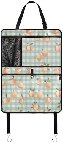1 Pack Back Seat Car Organizer with Storage Pockets Kick Mats Back Seat Protector Hanging Car Organizer Automotive Seat Back Cover Organizers Peaches Plaid Vacation Style Blue