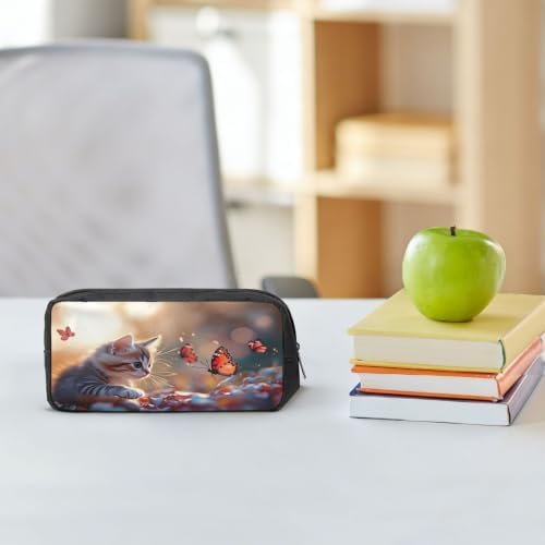 Kitten With Butterfly Large Pencil Case, Durable Pen Bag Zipper Organizer Pouch for Office Travel for Women Men