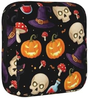 Portable Sanitary Napkin Pouch Halloween Gothic Witch Black Cat Bat Pumpkin Skull Mushroom, Cute Polyester Feminine Care Bag with Zipper, Ideal Gifts for Ladies Outdoor Travel