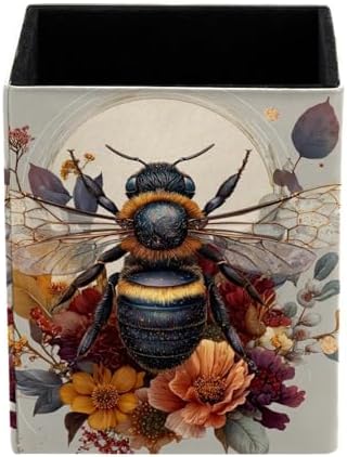 Cute Bee Pen Holder for Desk Decor, Rectangular PVC Leather Pencil Cup for Desk Pen Organizer, Makeup Brush Holder for School, Home, Office