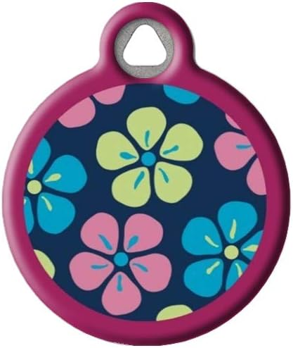 Flower Power Lupine Pattern Personalized Pet ID Tag for Dogs and Cats, Silent Polymer Coated Stainless Steel Nametag with Customized Identification Information - Large 1.25" Diameter