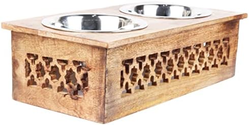 Wooden Elevated Pet Feeder Station with 2 Stainless Steel Bowls | Raised Dog & Cat Feeding Stand | Food & Water Bowl Holder for Cats, Puppies | Wooden Pet Dining Table | 16 x 8.5 x 5 Inches