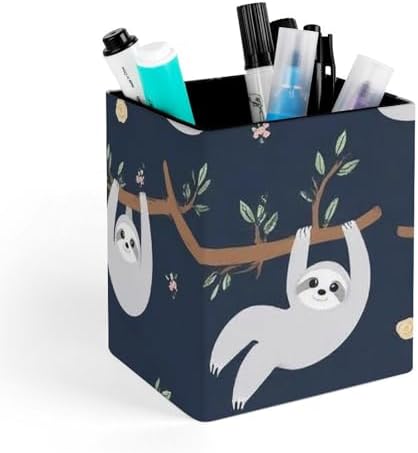 Fashion Leather Pen Holder Desktop Stationery Organizer Makeup Brush Cup Cute Sloth