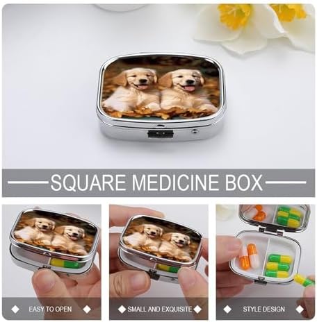 Golden Retriever Dogs Puppies Pets Pill Cases Portable Small Metal Medicine Box 2 Compartments Square Travel Medicine Case Daily Vitamin Organizer Box for Fish Oils Vitamins Supplements