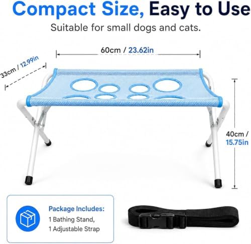 Foldable Pet Bathing Stand, Mesh‑Surface Grooming Stand for Small Pets (Grey) | Portable Dog Grooming Shower Rack with 8 Holes & Adjustable Straps, Foldable Metal Frame for Daily Pet Care and Bathing