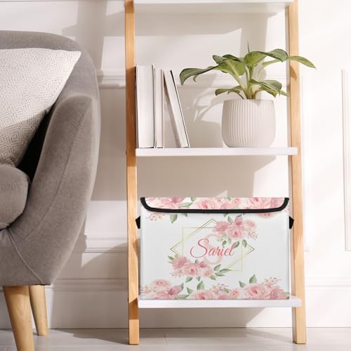 Pink Floral Storage Bin with Lid Personalized Storage Baskets for Organizing Foldable Closet Organizers with Handles,Cute Basket for Boys Girls for Clothes Blanket Pet Dog Toy Basket Storage (1 Pack)