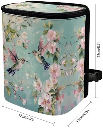 DISNIMO Spring Blossom Hummingbird Car Trash Can Car Accessories Organizer Garbage Bag Dustbin Container with Zipper Lid Waste Basket Storage Pockets Hanging Vehicle Trash Bin