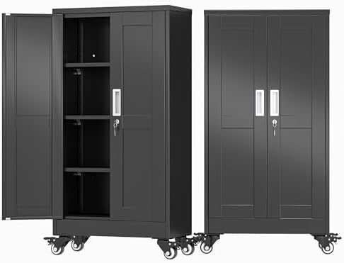45.6" Metal Garage Storage Cabinet with Wheels and Locking Doors and Tall Rolling Steel Tool Cabinet with 3 Adjustable Shelves for Garage,Home,Office,Shop (Black, 45.6''H x 23.7''W x11.8''D)