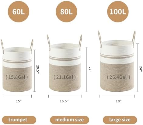 Laundry Basket Hamper Tall Rope Storage Woven for Blanket toys Dirty Clothes in Living Room Bathroom Bedroom (Brown&White, 60L/15.8Gal)