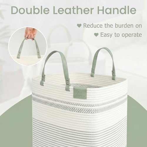 danpinera 75L Woven Laundry Hamper with Long Leather Handles, Baby Laundry Basket for Nursery, Tall Hampers for Bedroom Aesthetic, Decorative Clothes Storage Basket for Family, White & Light Green