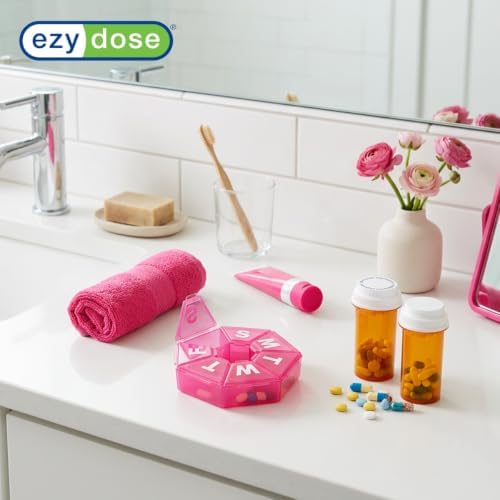Ezy Dose Weekly (7-Day) Pill Organizer, 7-Sided Medicine Planner, Pink | Compact Daily Round Vitamin & Supplement Medicine Case, Convenient and Easy to Use, Travel-Friendly Container, BPA-Free