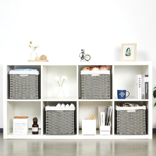 Bidtakay Wicker Cube Baskets with Liners Cube Storage Organizer for Shelves Closet 11 inch 4 Pack Decorative Hand-Woven Imitation Wicker Storage Bins for Organizing Pantry Bedroom Light Grey