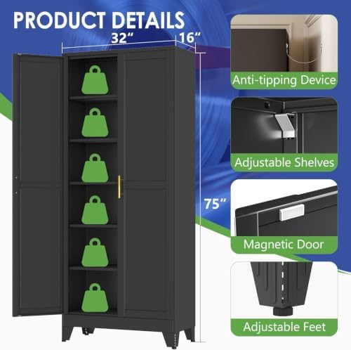 75" Metal Garage Storage Cabinet with 2 Doors, 5 Adjustable Shelves