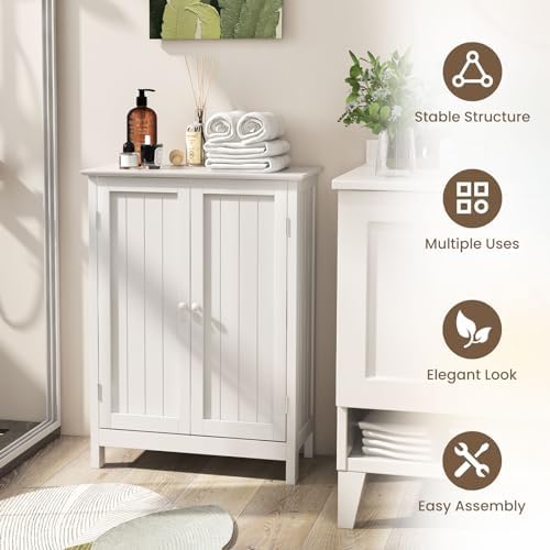 COSTWAY Bathroom Storage Cabinet, Freestanding Bathroom Organizers and Storage with Doors & Adjustable Shelf, Wooden Floor Cabinet for Home, Living Room, Entryway, Kitchen (White) | Storage with Doors & Adjustable Shelf, Wooden Floor Cabinet for Home, ...