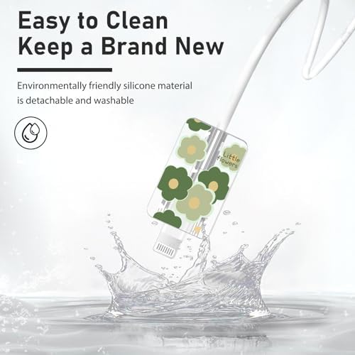 Cute DIY Cable Protector for iPhone Adapter Charger, Green Little Flowers Design, Soft TPU Data Cable Case Data Line Cord Saver Charger Protective Case for iPhone 11 12 13 14 15 Pro Max