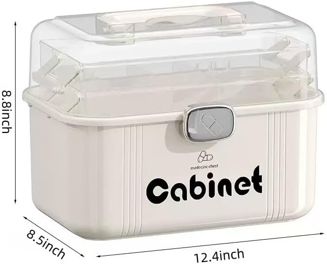 Family First Aid Medical Box - Large Capacity 3-Layer Portable Medicine Cabinet with Clear Organizer Trays, BPA-Free Plastic Storage Case for Home, Travel, Emergency Supplies (White)