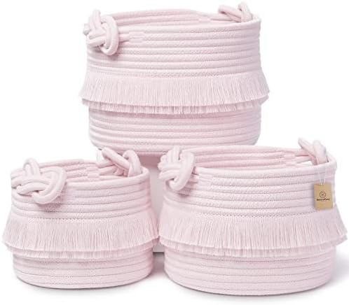 NaturalCozy 3-Piece Decorative Storage Basket Set – Pink Cotton Rope Small Woven Baskets for Organizing for Nursery Baby Stuff, Gift, Vanity, Montessori, Dog Cat Toy Bin, Planter, Bathroom Shelves