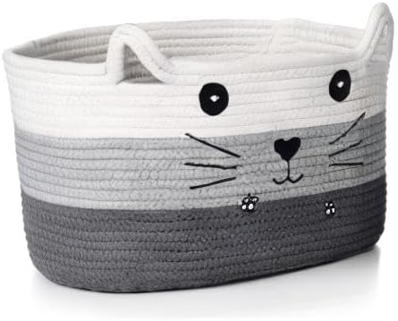 Zopeal Cat Woven Gift Basket Storage,13.7 x 7.8 Inch,Dark Gradient | Cute Cotton Rope Organizer with Handles for Toy Box, Nursery Decor, Decorative Bin, Pet Supplies Holder, Desk Storage