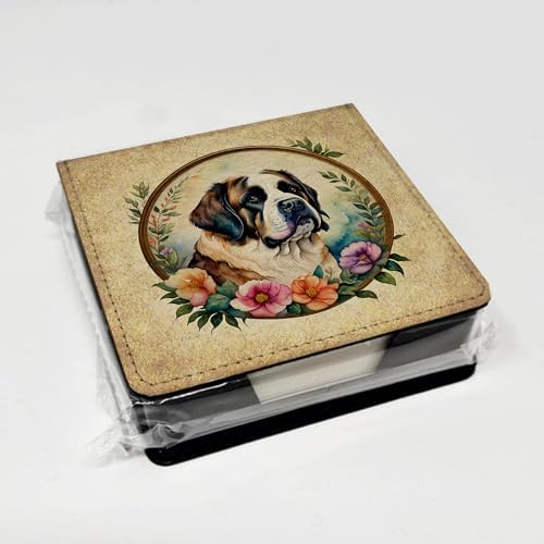 Caroline's Treasures Saint Bernard and Flowers PU Leather Note Paper Holder with Artist-Designed Cover, Desk Accessory, Office Gift