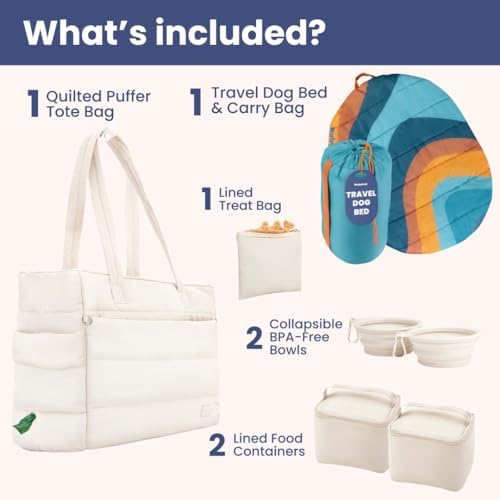 Rubyloo Dog Mom Bundle - Puffer Tote with Storage Containers (Beige) and Travel Dog Bed Large (42”x30”) (Sunset Surf Teal) - Travel Bag and Portable Outdoor Bed Set