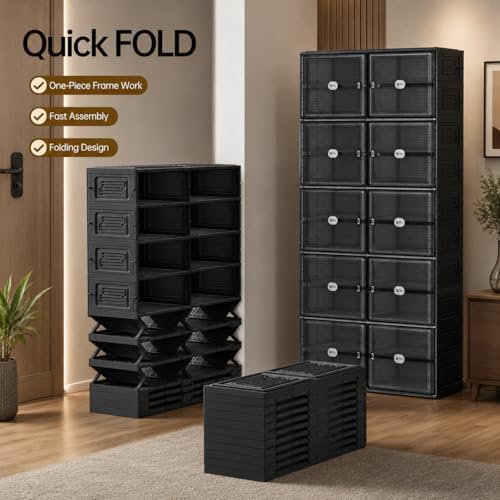 Black Shoe Storage Cabinet for 32 Pairs with Magnetic Clear Doors | Tool-free Assembly, Foldable Shoe Rack, Reinforecd Structure, Anti-Tiping, Furniture for Shoe Organizer, Closet, Garage