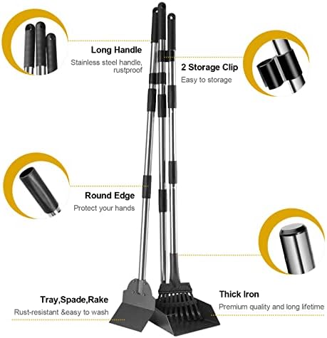 Niubya Pooper Scooper for Dogs, Metal Poop Scooper Tray and Rake Set with Adjustable Long Handle, Dog Pooper Scooper for Pet Waste Removal