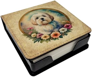 Caroline's Treasures Coton De Tulear and Flowers PU Leather Note Paper Holder with Artist-Designed Cover, Desk Accessory, Office Gift