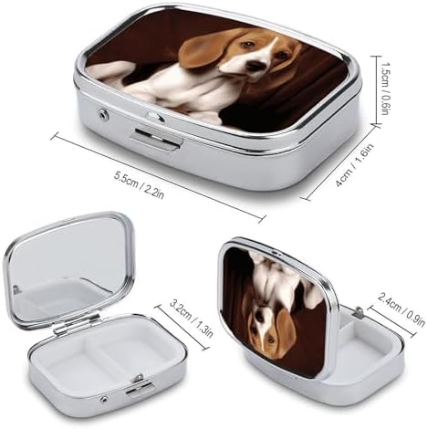 Metal Pill Box with Mirror - 2 Compartment Travel Pill Case for Purse Portable Pillbox Compact Vitamin Container Ovely Pet Dog Beagle Medicine Organizer for Fish Oil & Supplement