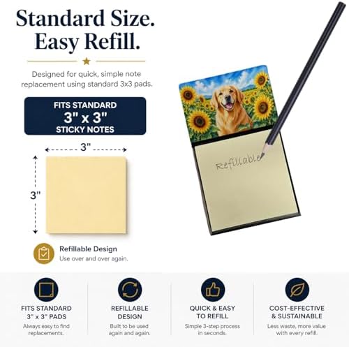 Caroline's Treasures Golden Retriever in Sunflowers Watercolor Sticky Note Holder Refillable Dispenser Desk Accessory 3x3 Pad Gift