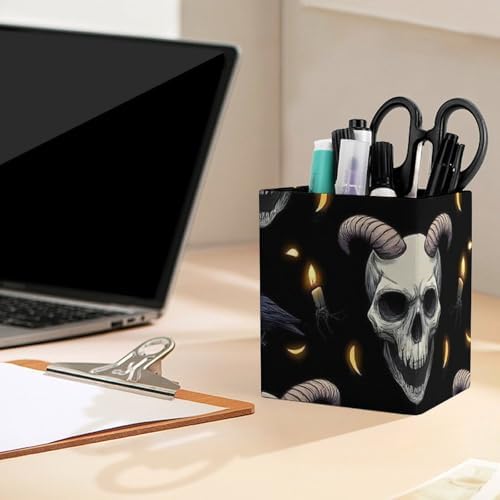 Women's Makeup Brush Cup Desktop Stationery Organizer Goth Raven Skull Goat Leather Pen Holder