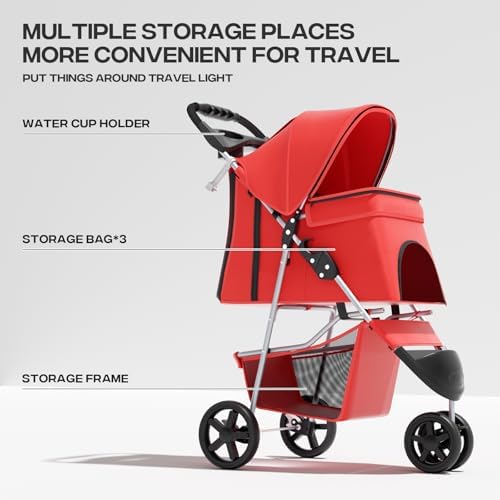 Foldable 3-Wheel Pet Stroller for Small/Medium Dogs & Cats, Red | Storage Basket & Cup Holder, Breathable Mesh Cover, Lightweight and Durable, for Small to Medium Pets, up to 33 lbs