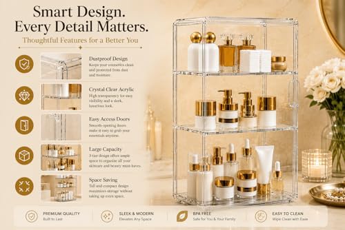 3-Tier Acrylic Storage Cabinet with Magnetic Doors, Clear Makeup Organizer for Bathroom Countertop, Skincare, Cosmetics, Perfume & Beauty Storage