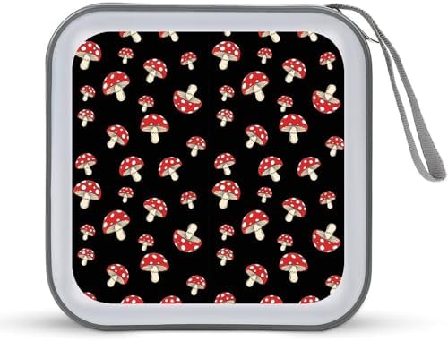40-Capacity DVD CD Storage Wallet Black Red Mushroom Lovers, Heavy-Duty Hard Shell Binder, Portable Organizer with Strap for Car Travel