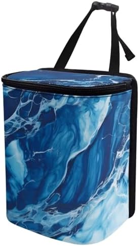 Car Trash Bag with Lid - Collapsible, Waterproof Car Organizer and Storage Accessory for Women, Dark Blue Marble Print