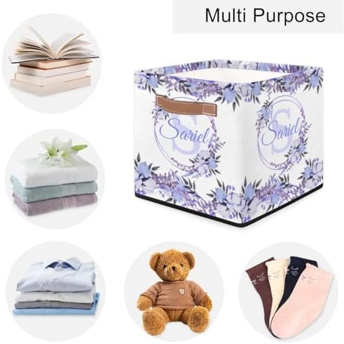 Personalized Storage Baskets for Organizing, Foldable Storage Bins with Handles Custom Cute Basket for Boys, Girls, Pet, Clothes, Blanket, Bedroom Nursery Toy Storage Gift,13 x13 x13 In, Purple Floral