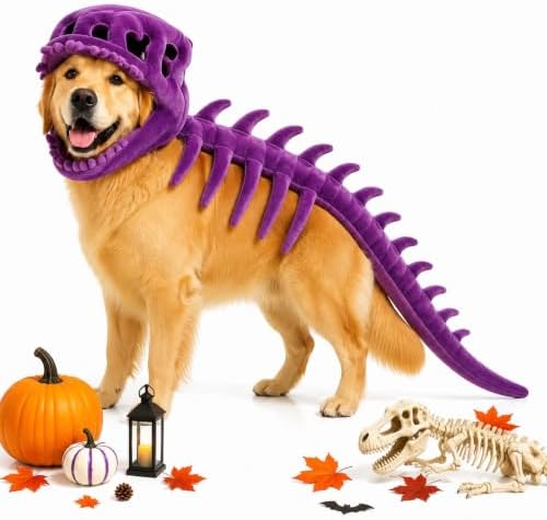 Pet Dinosaur Costume, 31.4inch Halloween 3D Skeleton Design Costume for Medium to Large Dogs, Realistic Dino Outfit for Pet Cosplay Party Family, Round and Chubby Body,Adorably Silly Purple