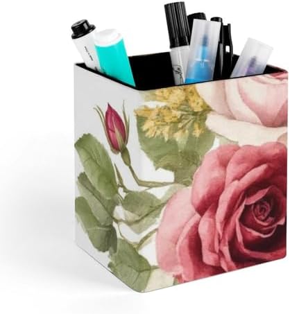 Women's Pen Cup Pencil Holder Makeup Brush Storage Flower Shabby Chic Roses Buds Leaves Tulips Floral Butterfly Leather Desk Organizer