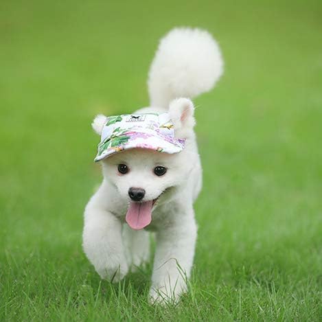 Leconpet Baseball Caps Hats with Neck Strap Adjustable Comfortable Ear Holes for Small Medium and Large Dogs in Outdoor Sun Protection (S, Colour Flower)