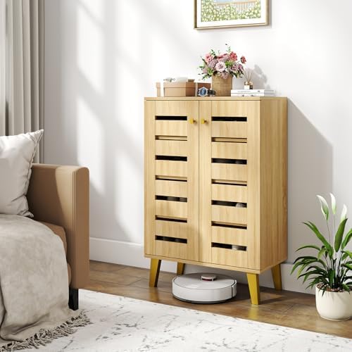 GIANTEX Shoe Cabinet with Doors, Modern Wooden Narrow Shoe Storage Cabinet | 4-Tier Freestanding Shoe Rack Cabinet with Ventilated Slatted Doors & Adjustable Shelves for Entryway, Hallway, Closet