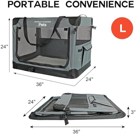 Ashfield & Harkness Collapsible Soft Dog Crate 36" - Gray, Portable | Sherpa lined mat, waterproof fabric, steel frame, mesh windows - folds to 36"x24"x3", fits dogs up to 70 lbs