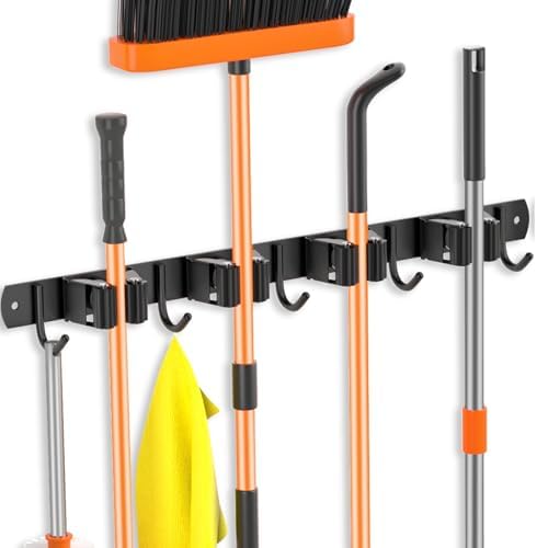 Broom Holder Wall Mount, Improved Non-slip Mop and Broom Holder Wall Mount, Heavy Duty Broom Hanger Organizer for Closet Laundry Garden Garage Storage (4 Racks 5 Hooks)