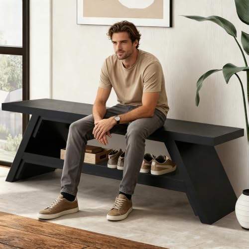 2-Tier Shoe Storage Bench, 55" Large Solid Wood Entryway Stool Storage | Shoes Racks for Entryway, Spacious Multi-Purpose Bench for Families, Guest Entryways, and High-Traffic Areas