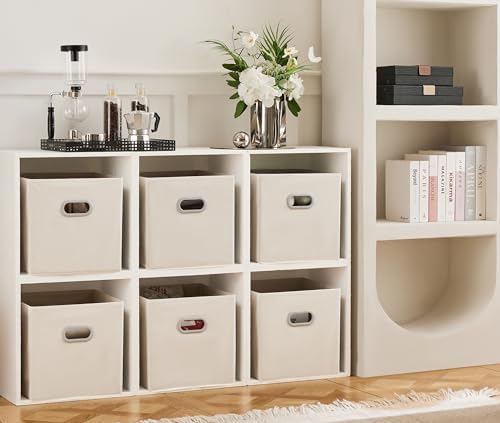 MAX Houser 6 Pack Foldable Fabric Storage Bins with Handles, Beige 12 inch | foldable cube storage bins with dual carry handles. 12"x12"x12" size fits cube closet organizers.Closet & Bedroom Organizer