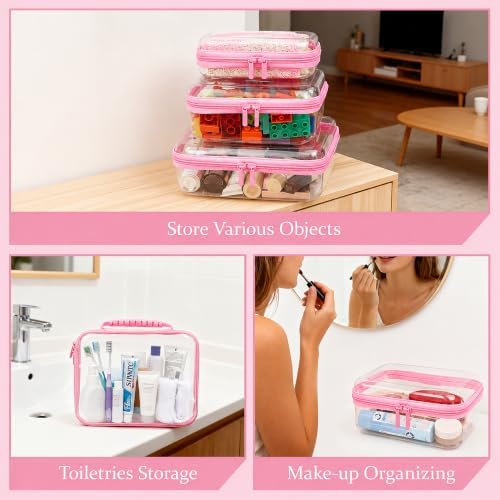 3 PCS Clear Zipper Pouches with Handle, Diaper Bag Organizer, Clear Makeup Bags Hardshell Toy Storage Bins with Zipper Toiletry Pouch Bag for Cosmetics Pencils Puzzles, Building Blocks(Pink)