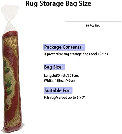 4 Pcs Plastic Rug Storage Bag with 10 Ties, Fits Rugs up to 5' x 7', 4.5 Mil Heavy Duty Rug Storage Bag-Protects Rolled Rugs for Moving, Packing, Shipping and Storage -No vent Holes