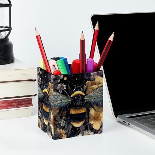 Bee Pen Holder for Desk Decor, Rectangular PVC Leather Pencil Cup for Desk Pen Organizer, Makeup Brush Holder for School, Home, Office