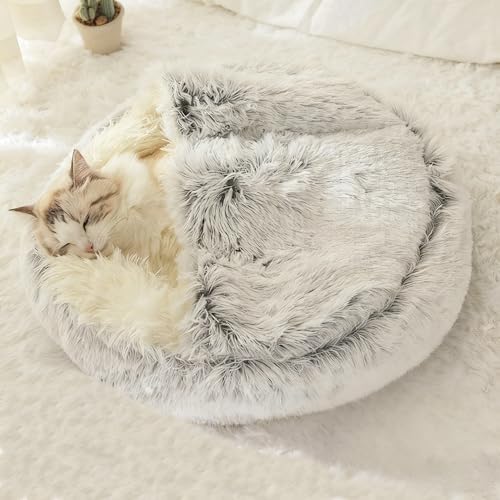 Cat Bed Round Fluffy Hooded Cat Bed Cave, Anti-Anxiety Cave Bed with Hooded Blanket, Cozy Cuddler Luxury Puppy Pet Bed, Anti-Slip Bottom and Machine Washable (Grey, Large)