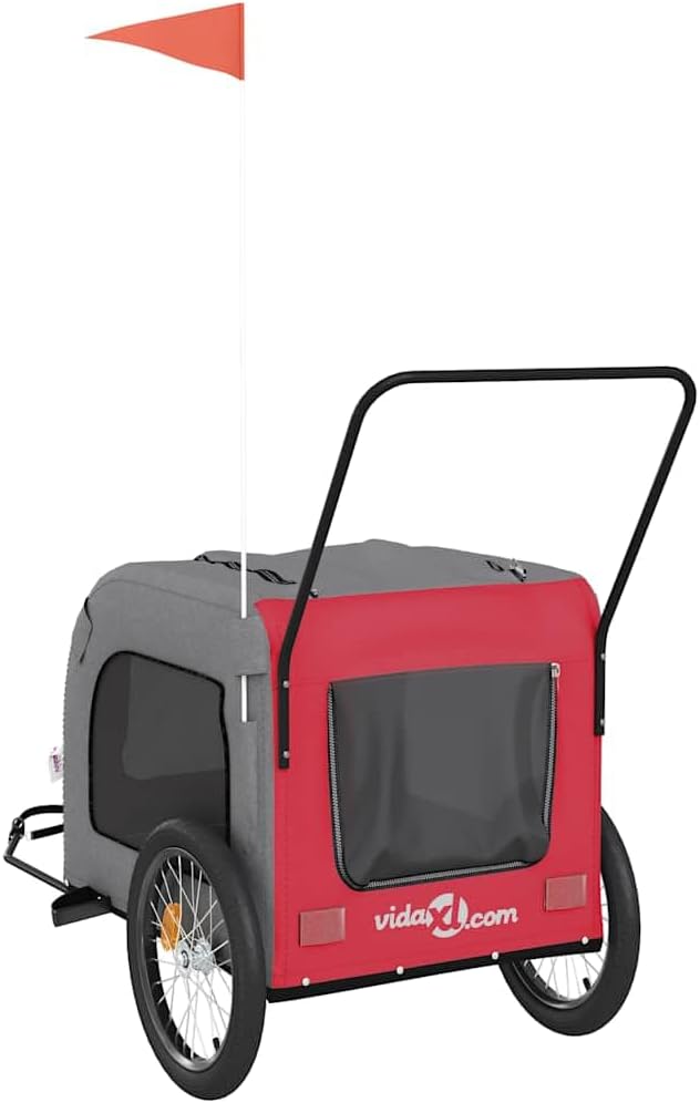 Pet Bike Trailer for Medium Dogs, Foldable Bicycle Cargo Cart with Suspension, Sturdy Iron Frame and Oxford Fabric, Red and Gray, 99 lb Weight Capacity